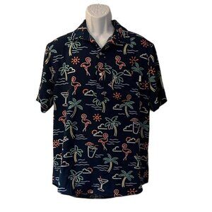 Chubbies Hawaiian Shirt Neon Flamingo Palm Tree Cocktail Print Button‎ Up Large